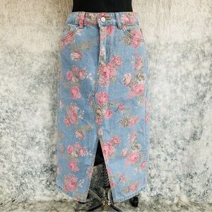 SHEIN Light Blue Denim skirt with pink floral pattern